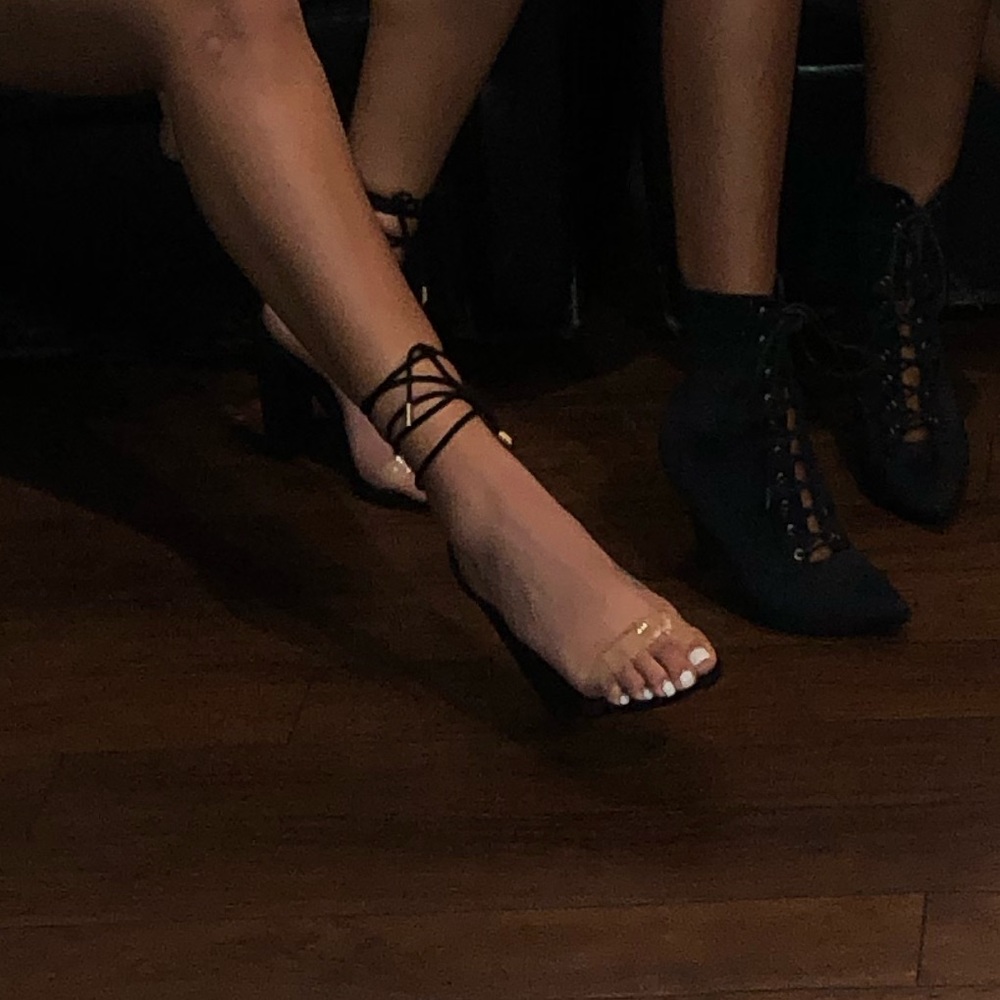 blackstrap heels with clear strap over toe
